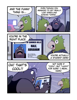 4_panel_comic anthro backpack blue_clothing blue_shirt blue_topwear bodily_fluids clothing computer_screen dialogue excited green_body grey_body group lure_(anatomy) male shirt sweat sweatdrop tank_top text topwear trio t0l0k abe_(t0l0k) background_character anglerfish aquatic avian bird fish parrot comic english_text hi_res multiple_scenes