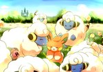 ambiguous_gender castle electricity electrogenesis eyes_closed feral grass group open_mouth plant yayazato_88 nintendo pokemon generation_2_pokemon generation_9_pokemon lechonk mareep pawmi pokemon_(species) smoliv 2022 hi_res signature