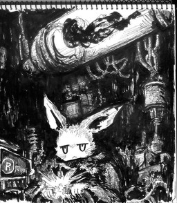 amazing_background ambiguous_gender anthro clothed clothing detailed_background fully_clothed scan science solo sparks toony oratnir lagomorph leporid mammal rabbit black_and_white detailed half-length_portrait monochrome portrait traditional_media_(artwork)