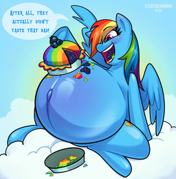 anthro back_wings belly belly_blush big_belly blue_body blue_fur blueberry_(fruit) blush body_blush dialogue eating eating_food eating_pie female feral food fruit fur hair huge_belly linea_nigra multicolored_hair navel open_mouth outie_navel pastry pie pink_eyes plant pregnant pregnant_anthro pregnant_female rainbow_colors rainbow_hair solo speech_bubble text wings vortrexmania friendship_is_magic hasbro my_little_pony rainbow_dash_(mlp) equid equine horse mammal pony 2025 digital_drawing_(artwork) digital_media_(artwork) english_description english_text hi_res