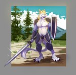 anthro male melee_weapon pubes shield solo sword tail weapon allorexx sergal hi_res