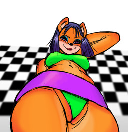 anthro bedroom_eyes bottomwear breasts camel_toe checkered checkered_background clothed clothing female genitals hand_behind_head looking_at_viewer low-angle_view medium_breasts miniskirt narrowed_eyes nipple_outline pattern_background pussy_floss seductive simple_background skirt smile smiling_at_viewer smirk smirking_at_viewer solo upskirt vulva butterbeater activision crash_bandicoot_(series) crash_team_racing_(series) liz_bandicoot bandicoot mammal marsupial