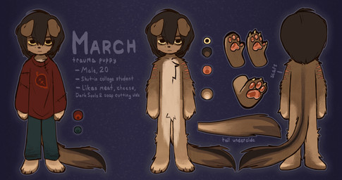 anthro big_tail bottomwear brown_body brown_fur brown_hair chest_tuft claws clothed clothing dead_eyes depression description feet floppy_ears fluffy fluffy_tail front_view fur hair male markings mole_(marking) mole_under_eye pants pawpads pubes rear_view scar self-harm_scars solo standing student sweater tail tan_body tan_fur text topwear tuft walking marpystar march_(marpystar) canid canine canis domestic_dog mammal english_text hi_res model_sheet