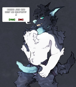 anthro clothing dialogue fur gameplay_mechanics genitals jockstrap male multicolored_body multicolored_fur pointy_ears smile smirk solo speech_bubble teeth underwear unusual_anatomy unusual_genitalia mrpanovvy vulpeh mythology canid canid_demon canine demon hellhound mammal mythological_canine mythological_creature absurd_res hi_res