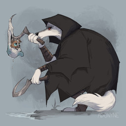 anthro armwear black_cloak black_clothing blue_eyes cloak clothing duo eye_contact facial_tuft feral footwear fur holding_object holding_weapon humanoid_hands kneeling looking_at_another male melee_weapon paws red_eyes sickle socks tail tail_tuft tongue tongue_out tuft water weapon wet wet_body wet_fur young young_feral adonyne dreamworks puss_in_boots_(franchise) death_(puss_in_boots) perrito_(puss_in_boots) canid canine canis chihuahua domestic_dog mammal toy_dog wolf 1:1 hi_res