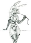 anthro armwear breasts clothing elbow_gloves female fur gloves hair handwear legwear navel nipple_outline riding_crop seductive solo thigh_highs whip baron_engel lagomorph leporid mammal rabbit 2025 greyscale hi_res monochrome