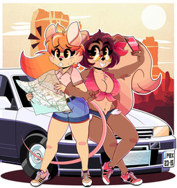 anthro belt bodily_fluids breasts brown_body brown_fur car cellphone chest_tuft cleavage clothed clothing duo electronics eyebrow_through_hair eyebrows eyelashes eyewear female fluffy fluffy_tail footwear fur hair long_hair looking_at_viewer map midriff navel orange_hair phone purple_hair selfie shirt shoes short_hair smartphone sneakers sunglasses sweat sweatdrop tail tan_body tan_fur topwear translucent translucent_hair tuft vehicle wireless_shiba shelly_bélier grey_squirrel mammal mouse murid murine rodent sciurid tree_squirrel 2022 absurd_res hi_res