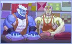 anthro blue_border border cushion furniture male male/male muscular muscular_male samorott sofa couch_gregor jewish_mythology mythology mythological_creature mythological_golem hi_res