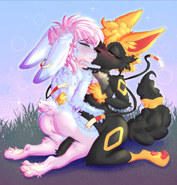 anthro anthrofied big_breasts black_body black_fur blush blush_lines breast_grab breasts butt curled_fur duo female female/female fur genitals grass hand_on_back hand_on_breast hand_on_hip hug huge_breasts inner_ear_fluff kissing kneeling multicolored_body multicolored_fur narrowed_eyes outside plant pokemorph ribbons_(anatomy) star thick_thighs tuft vulva cosmic_shroomie nintendo pokemon cam_the_cabbit fan_character terrene_(etanks3) terry_(etanks3) domestic_cat eeveelution felid feline felis generation_2_pokemon generation_6_pokemon lagomorph leporid mammal pokemon_(species) rabbit sylveon umbreon