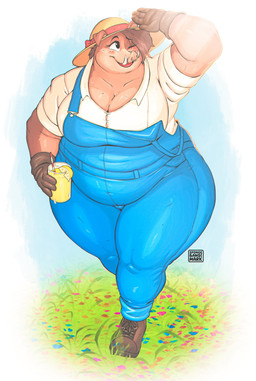 anthro beverage big_breasts boots breasts brown_body brown_hair clothing collarbone eyebrows eyelashes facial_piercing female footwear gloves hair handwear hat headgear headwear huge_breasts lemonade nose_piercing nose_ring one_eye_closed overalls overweight overweight_anthro overweight_female piercing ring_piercing shoes slightly_chubby solo sun_hat tusks wide_hips wink spongebandimark dreamworks the_bad_guys pigtail_(the_bad_guys) mammal suid suine sus_(pig) wild_boar 2026 absurd_res hi_res