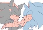 anthro black_body black_fur blue_body blue_fur clothing duo eye_contact fur gloves green_eyes grin hand_on_face handwear looking_at_another male male/male red_body red_eyes red_fur simple_background smile white_background sikai sega sonic_the_hedgehog_(series) shadow_the_hedgehog sonic_the_hedgehog eulipotyphlan hedgehog mammal