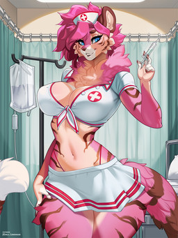 anthro biped blue_eyes bottomwear breasts clothed clothing detailed_background eyelashes female fur hair iv_bag miniskirt multicolored_body nurse nurse_clothing nurse_uniform pink_body pink_hair pupils skirt smile solo striped_body stripes syringe tail topwear uniform wide_hips aomori sundae_(fridgedscreamfox) felid mammal pantherine tiger hi_res