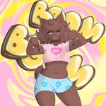 5_fingers abstract_background anthro big_breasts black_fingernails black_nails blue_clothing blue_underwear boy_shorts breasts brown_body brown_fur brown_hair clothed clothed_anthro clothed_female clothing colored_nails crop_top curled_hair curvy_figure cute_fangs eyebrows eyelashes fangs female finger_gun fingernails fingers fur gesture gesturing_at_viewer glistening glistening_eyes glistening_hair glistening_thighs green_eyes hair half-shirt hand_gesture humanoid_hands legwear long_nails looking_at_viewer nails navel one_eye_closed open_mouth outline pink_clothing pink_shirt pink_t-shirt pink_topwear pose print_clothing print_shirt print_topwear print_underwear shirt short_hair slightly_chubby smile smiling_at_viewer solo t-shirt tail teeth text thick_thighs tight_underwear tongue topwear underwear white_outline wide_hips y2k_(fashion) y2k_(graphic_design) yeagar darcie_(yeagar) canada_lynx felid feline lynx mammal 1:1 2019 absurd_res digital_media_(artwork) hi_res shaded