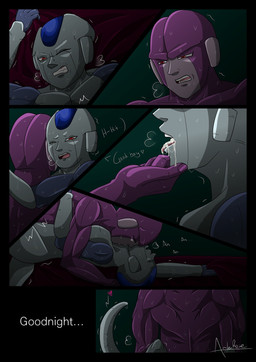 arms_around_partner bald bed bodily_fluids breath caressing caressing_chin chin_grab clenched_teeth cum cum_in_mouth cum_inside dial dominant dominant_male drooling duo earless eyes_closed from_front_position furniture genital_fluids good_boy goodnight grabbing_sheets half-closed_eyes heart_symbol kissing looking_down looking_pleasured lying male male/male multicolored_body muscular muscular_humanoid muscular_male nails narrowed_eyes neck_kiss nude obscured_penetration on_back on_bed on_top one_eye_closed open_mouth purple_body rear_view red_eyes saliva sex side_view size_difference stuttering submissive submissive_male sweat tail teeth text tired tired_eyes atsuani dragon_ball dragon_ball_super frost_(dragon_ball) hit_(dragon_ball) alien frieza_race humanoid comic hi_res signature