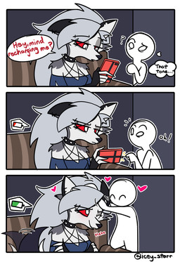 ambiguous_gender anthro dialogue duo electronics faceless_character female female/ambiguous fingers headpat petting phone recharging text tired icey_(artist) hellaverse helluva_boss mythology loona_(helluva_boss) canid canid_demon canine demon hellhound humanoid mammal mythological_canine mythological_creature 2025 absurd_res comic digital_media_(artwork) english_text hi_res