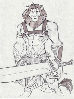abs anthro front_view harness holding_melee_weapon holding_object holding_sword holding_weapon looking_at_viewer male male_anthro mane melee_weapon mouth_closed muscular muscular_anthro muscular_male navel pecs pubes simple_background solo standing sword tail tail_tuft tuft weapon hufnaar felid lion mammal pantherine hi_res monochrome