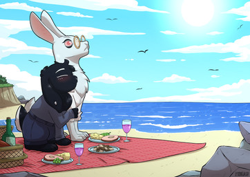 beach black_body black_fur clothing duo eyewear female feral food fur fur_markings glasses male male/female markings paws water white_body white_fur h1draw raisin_bread cubert_milkway ivy_shell buun hare lagomorph leporid mammal rabbit 2025 absurd_res hi_res story_at_source