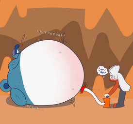 air_inflation air_pump ambiguous_gender anthro belly belly_blush belly_expansion big_belly black_body black_eyes blue_body blue_hair blue_tail blush body_blush body_inflation cave close_to_bursting creaking creaking_belly duo expansion hair hose hose_in_navel hose_inflation huge_belly hyper hyper_belly hyper_inflation immobile implied_popping inflation inside motion_lines multicolored_body onomatopoeia open_mouth panicking puffed_cheeks purple_hair red_body red_eyes side_view sound_effects spherical_inflation swelling tail text thought_bubble two_tone_body white_body white_ears white_hair yellow_nose pyffcertified dig_dug nintendo pokemon drizzile generation_8_pokemon lagomorph leporid lizard mammal pokemon_(species) rabbit raboot reptile scalie 2025 colored digital_media_(artwork) flat_colors hi_res