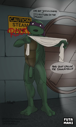 bandana_on_head flaccid genitals green_body green_skin male ninja nude penis sauna sewer shell solo text towel warrior futamaki teenage_mutant_ninja_turtles teenage_mutant_ninja_turtles_(1987) donatello_(tmnt) reptile scalie turtle 3:5 english_text hi_res