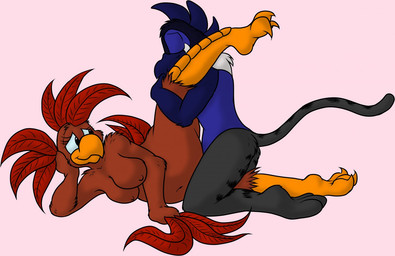 anthro big_breasts breasts duo feathers female male male/female side_wind_her slightly_chubby smile david_hopkins mythology avian bird chicken galliform gallus_(genus) gryphon mythological_avian mythological_creature phasianid
