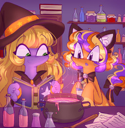 accessory alternative_fashion blonde_hair book bow_ribbon cape cauldron chibi clothing detailed_background duo fake_cat_ears fake_ears female feral furgonomics goth hair hat headgear headwear holidays hooves multicolored_hair neck_bow paper ribbons smile sparkles tail tail_accessory tail_bow tail_ribbon tail_tuft tuft witch_hat sidruni halloween hasbro mlp_g3 my_little_pony abra-ca-dabra_(mlp) pumpkin_tart_(mlp) earth_pony equid equine horse mammal pony 2021 hi_res