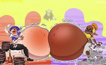 belly belly_expansion big_belly brown_body brown_skin dark_body dark_skin expansion female group huge_belly hyper hyper_belly overweight plate simple_background sitting stuffing trio yellow_background blahblah866 nintendo splatoon big_man_(splatoon) frye_(splatoon) shiver_(splatoon) animal_humanoid aquatic aquatic_humanoid cephalopod cephalopod_humanoid humanoid inkling mollusk mollusk_humanoid 2023 hi_res