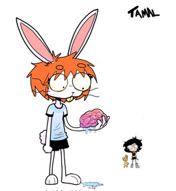3_toes anthro big_eyes bottomwear brain buckteeth clothing cotton_tail dripping feet female hair long_ears looking_at_another orange_hair organs paws poker_face red_nose shirt short_hair shorts teeth text toes topwear white_body yellow_body yellow_sclera tamal happy_(tamal) human lagomorph leporid mammal rabbit artist_name colored hi_res signature