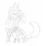 4_ears anthro bottomless chaps clothed clothing coat female genitals hat_over_eyes hidden_eyes multi_ear partially_clothed pussy simple_background smile solo standing topwear trenchcoat halbean guild_wars purna_whitewillow charr felid mammal hi_res monochrome