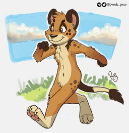 anthro arm_tuft black_nose brown_eyes chest_tuft closed_smile crotch_tuft elbow_tuft fur grass head_tuft knee_tuft leg_tuft logo male mouth_closed navel nude orange_body orange_fur plant shoulder_tuft smile solo tail tail_tuft tan_body tan_fur tuft walking young young_anthro young_male pandapaco felid mammal artist_logo signature