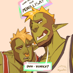 beard blonde_hair clothing confusion dialogue duo ear_piercing ear_ring facial_hair facial_piercing green_body green_skin hair humor male narrowed_eyes nose_piercing nose_ring not_furry open_mouth piercing pivoted_ears ring_piercing shirt simple_background tank_top text topwear tusks nyuudles da_vinky? tiktok humanoid mammal orc 1:1 2020 bust_portrait english_text hi_res meme portrait