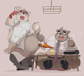 alcohol anthro beer belly beverage big_butt blush bottle bottle_in_ass bottomwear butt clothing container drunk duo eyes_closed eyewear glasses kemono male moobs necktie necktie_headband object_in_ass overweight overweight_male pants shirt sitting substance_intoxication topwear dumdum canid canine canis domestic_dog mammal 2020