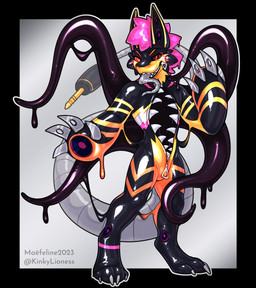 anthro black_goo black_latex black_tentacles goo_drip grey_tongue latex long_tail male ringed_eyes sharp_teeth simple_background slim_anthro slim_male solo speaker standing tail teeth tentacles tongue tongue_out usb_cable zipper zipper_mouth maefeline ampwave robot_anthro 2023 full-length_portrait hi_res portrait