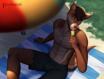 2021 anthro beach beach_towel beach_umbrella brown_body brown_fur canid canine canis clock clothed clothing conditional_dnp dessert digital_media_(artwork) digital_painting_(artwork) ethiopian_wolf food fur grass green_eyes hair ice_cream jewelry male mammal marty_shepard necklace nikoyishi open_mouth parasol patreon patreon_logo patreon_username plant popsicle popsicle_melting sand seaside shaded smile solo swimming_trunks swimwear tan_body tan_fur tongue tongue_out topless topless_male towel watch