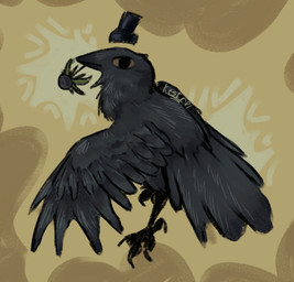 ambiguous_gender avian_feet beak black_body black_clothing black_eyes black_feathers black_hat black_headwear black_wings brown_eyes clothing feathered_wings feathers feet feral food fruit hat headgear headwear looking_at_viewer monotone_body plant simple_background solo tail tail_feathers talons text toes top_hat wings kestrel_(artist) avian bird corvid corvus_(genus) crow oscine passerine 2026 digital_drawing_(artwork) digital_media_(artwork) english_text signature