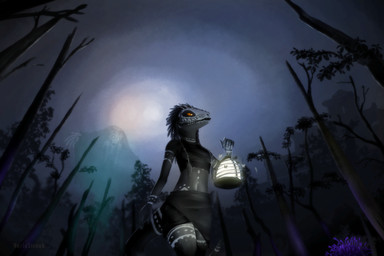 anthro bodypaint bottomwear clothing dark_body dark_skin detailed_background face_paint feather_hair feathers female halter_top haunted holding_object lamp lantern looking_away night orange_eyes pseudo_hair shirt skirt solo tank_top text topwear tribal walking varlastreak microsoft the_elder_scrolls situth_(varlastreak) argonian ghost scalie spirit wraith 3:2 absurd_res english_text hi_res huge_filesize