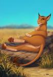 blurred_background detailed_background ear_piercing eyelashes female feral fur looking_at_viewer looking_back lying nude piercing smile solo reallynxgirl disney raptorzzs the_lion_king fan_character yuri'tab_(raptorzzs) felid feline lynx mammal 2019 hi_res