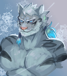 anthro barazoku beard body_hair facial_hair fur grey_body grey_fur male markings muscular muscular_anthro muscular_male pecs solo stripes white_body white_fur oxyd home_zomewhere_else bruce_(hze) felid mammal pantherine tiger spanish_description