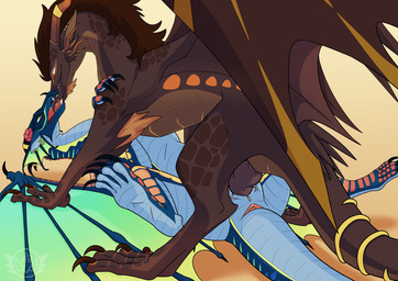 accessory anus blue_body brown_body brown_fur claws dewlap_(anatomy) digitigrade duo ear_piercing fangs female feral feral_on_feral feral_penetrated flower_on_head french_kissing frill_(anatomy) from_front_position fur fur_tuft furgonomics genitals gold_(metal) gold_jewelry gular_flap horn horn_jewelry jewelry kissing looking_at_another lying male male/female membrane_(anatomy) membranous_wings missionary_position non-mammal_ears non-mammal_hair non-mammal_vulva on_back open_mouth orange_body orange_eyes orange_fur penetration penile penile_penetration penis penis_in_vagina piercing pinned pinned_to_ground sex spread_legs spreading tail tail_accessory tail_jewelry tailbutt teeth tongue tongue_out tuft unusual_anatomy vaginal vaginal_penetration vulva wings yellow_eyes anonymous_gardevoir european_mythology mythology wings_of_fire beetle_(anonymousgardevoir) ignivor dragon mythological_creature mythological_scalie rainwing_(wof) scalie western_dragon absurd_res hi_res trans_(lore) trans_man_(lore)