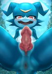 animal_genitalia anthro anus blue_arms blue_body blue_butt blue_legs blue_tail blush butt erection front_view genital_slit genitals male nude open_mouth penis pink_penis solo spread_legs spreading tail tongue shoru bandai_namco digimon digimon_(species) veemon 2023