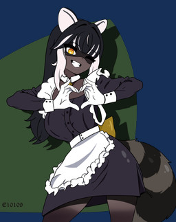 big_breasts biped black_body black_fur black_hair bow_ribbon breasts brown_body brown_fur clothing female freckles fur gesture gloves grin hair handwear heart_gesture long_hair maid_apron maid_uniform markings multicolored_body multicolored_fur one_eye_closed shadow simple_background smile solo striped_markings striped_tail stripes tail tail_markings teeth uniform white_hair wink yellow_eyes conditional_dnp e10109 animal_humanoid humanoid mammal mammal_humanoid procyonid procyonid_humanoid raccoon raccoon_humanoid absurd_res alpha_channel hi_res signature