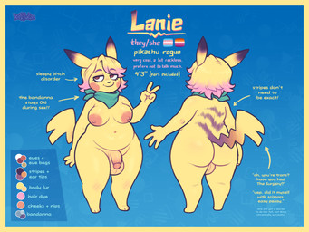 anthro backsack balls big_butt blonde_hair blue_background border breasts butt feet flaccid genitals gesture green_kerchief green_neckerchief gynomorph hair hand_gesture humanoid_genitalia humanoid_penis intersex kerchief kerchief_only lesbian_pride_colors lgbt_pride looking_aside mostly_nude navel neckerchief neckerchief_only neckwear nipples nude penis pride_colors profanity short_hair shortstack shortstack_gynomorph shortstack_intersex simple_background slightly_chubby smile solo standing tail text trans_sexual_dimorphism v_sign yellow_body yellow_border keffotin nintendo pokemon lanie_(keffotin) generation_1_pokemon pikachu pokemon_(species) 2023 4:3 digital_media_(artwork) english_text hi_res model_sheet nonbinary_(lore) trans_(lore) trans_woman_(lore)