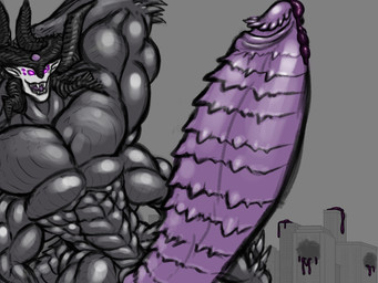 4_arms 6_eyes anthro big_muscles big_penis black_cum bodily_fluids building building_destruction building_sex colored_cum cum cum_on_building cum_string destruction fangs genital_fluids genitals glowing glowing_eyes hand_behind_head horn huge_muscles huge_penis hyper hyper_genitalia hyper_muscles hyper_penis leaning leaning_backward long_penis macro male multi_arm multi_eye multi_limb muscular open_mouth penis ridged_penis solo spiked_penis spikes spikes_(anatomy) teeth unusual_bodily_fluids unusual_cum unusual_genital_fluids corinoch_(artist) corinoch demon 4:3 hi_res