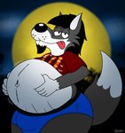 anthro beard belly belly_grab belly_overhang belly_tuft big_belly black_body black_fur black_nose blue_clothing blue_underwear body_hair bouncing_belly bulge clothed clothing detailed_bulge facial_hair from_front_position fur grey_body grey_fur hand_on_belly lifting_belly looking_at_viewer looking_pleasured male moon motion_lines multicolored_body navel navel_outline night outside partially_clothed pose raised_tail sexy_eyes shirt smile solo stomach_hair tail teasing thick_thighs tongue tongue_out toony topwear tuft two_tone_body underwear white_body white_fur wide_hips furrylovepup_v2 canid canine canis mammal wolf hi_res pinup