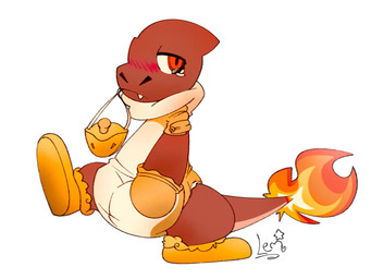ambiguous_gender animal_onesie anthro big_diaper blush blush_lines bodily_fluids bondage_gear bondage_gloves booties clean_diaper clothed clothing diaper diaper_under_clothing diaper_under_onesie duck_costume fire flaming_tail footwear frown gag handwear looking_back narrowed_eyes object_in_mouth on_one_leg onesie pacifier pacifier_gag red_body simple_background snaggle_tooth solo standing tail tears three-quarter_view wearing_diaper white_background yellow_clothing yellow_footwear yellow_handwear typhy nintendo pokemon cola_(typhy) anatid anseriform avian bird charmeleon duck generation_1_pokemon pokemon_(species) 2020 4:3 full-length_portrait hi_res portrait signature
