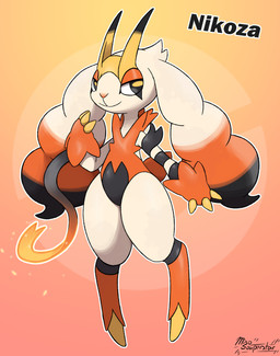 3_fingers ambiguous_gender anthro black_body black_fur black_horn black_sclera claws featureless_feet feet finger_claws fingers fur horn looking_away orange_body orange_fur raised_hand red_nose smile solo standing thick_thighs white_body white_fur yellow_claws yellow_eyes yellow_horn miso_souperstar fakemon bovid caprine mammal nikoza 2026 absurd_res digital_media_(artwork) hi_res