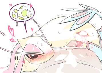 after_sex black_tail blue_tail bodily_fluids cum cum_in_vagina cum_inside duo erection female feral genital_fluids genitals heart_symbol looking_at_viewer male multicolored_tail penis pink_body red_sclera red_tail serpentine smile speech_bubble sweat tail tan_body moocow nintendo pokemon generation_3_pokemon milotic pokemon_(species)