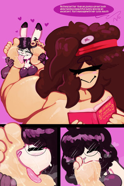 1_eye anthro big_breasts breasts duo eyewear feet female female/female foot_fetish foot_in_mouth foot_lick foot_play foot_suck glasses hair huge_breasts humanoid_feet licking plantigrade sucking text toe_in_mouth toe_suck toes tongue tongue_out kiss_the_carrot nintendo pokemon carolina_(kiss_the_carrot) cyclops generation_1_pokemon lagomorph leporid magnemite mammal pokemon_(species) rabbit absurd_res digital_media_(artwork) english_text hi_res