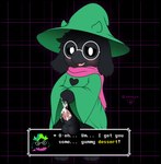 animal_genitalia anthro balls blush bodily_fluids border clothing cum cum_on_penis dialogue eyewear genital_fluids genitals glasses green_clothing green_hat green_headwear green_robes hat headgear headwear male penis pink_scarf scarf sheath solo text transparent_border wizard_hat xenoyia deltarune undertale_(series) ralsei bovid caprine goat mammal alpha_channel english_text hi_res