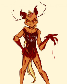 anthro blonde_hair blood bodily_fluids bottomless claws clothed clothing eyebrows female flat_chested fur hair happy long_eyebrows mohawk mullet orange_body orange_fur pose shaved_sides shirt simple_background skinny slim smile smiling_at_viewer smirk smirking_at_viewer solo t-shirt tail topwear torn_clothing fluttershythekind mythology madeline_gevaudan canid canine mammal mythological_canine mythological_creature werecanid werecanine werecreature werewolf 4:5 hi_res