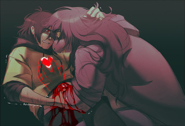 ambiguous_gender anthro black_background blood blood_from_mouth blood_in_mouth bodily_fluids clenched_teeth clothed clothing duo female gore hair heart_symbol holding_arm long_hair outline purple_body purple_scales ring scales scar shaking sharp_teeth simple_background soul sweat tears teeth text wounded thelostmoongazer deltarune mythology undertale_(series) kris_dreemurr susie_(deltarune) dragon human mammal monster mythological_creature mythological_scalie scalie soul_(undertale) english_text hi_res signature